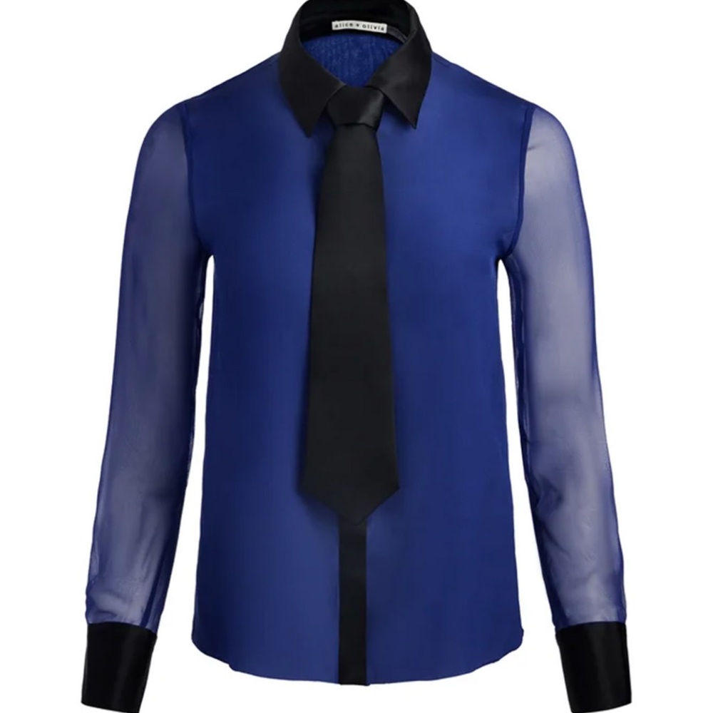 Alice + Olivia Blue Blouse with Sheer Sleeves and Optional Tie (worn 1x)